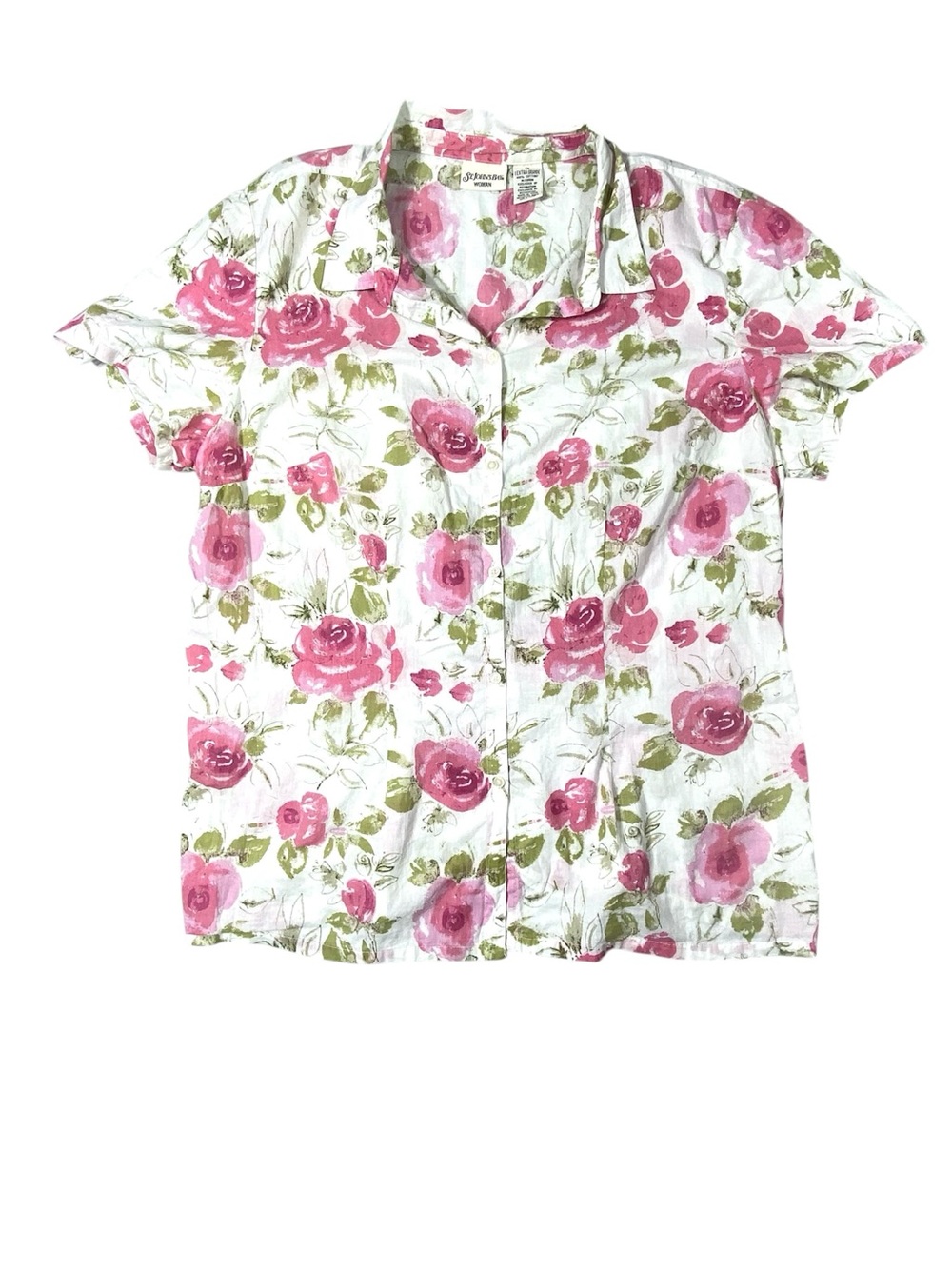 St. Johns Bay Pink Rose Floral Print Blouse Women's 1X Button Down Short Sleeve